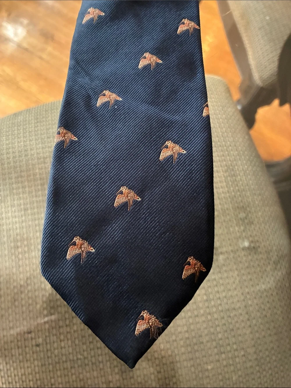 LL Bean American Woodcock Bird Navy Silk Tie 1971